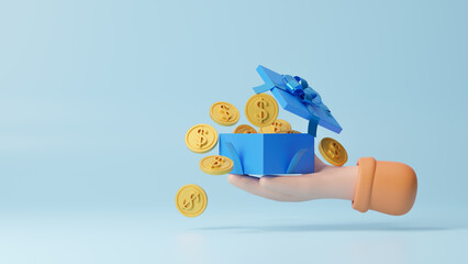 3D Cartoon hand holding open gift box surprise with gold coins, earn point concept, loyalty program and get rewards, shopping, payment, financial concept. Lucky win surprise. Prize reward. 3d render