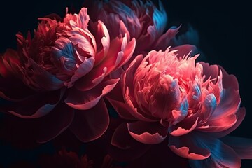 Floral background with magic purple peonies flowers in neon lights. Close up. Generative AI.