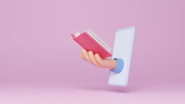 Reading books with an E-book with smartphone, concept of e-learning technology, education and e-learning. Digital reading, e-classroom textbook, modern education. Ebook digital library, 3d rendering