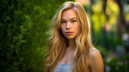 Naklejka premium young adult woman outside in the garden at the garden hedge