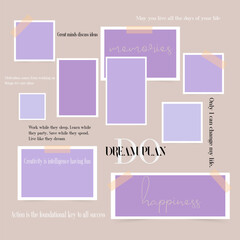 Photo collage template motivation moodboard pictures grids in purple pastel colors. 