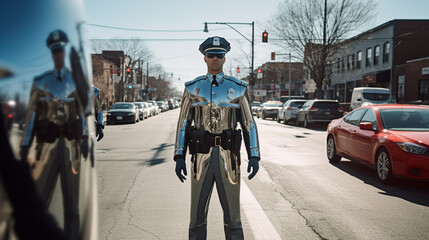 a man, police officer with robotics AI support, artificial intelligence cyborg and transhumanism