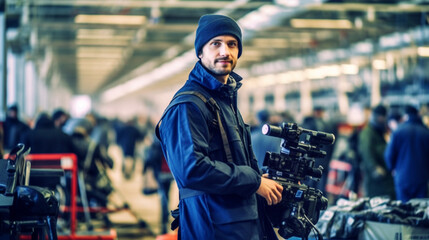 young adult man with video camera in a production hall