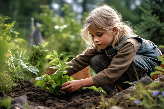 a cute little girl planting a beautiful tree in her garden.
