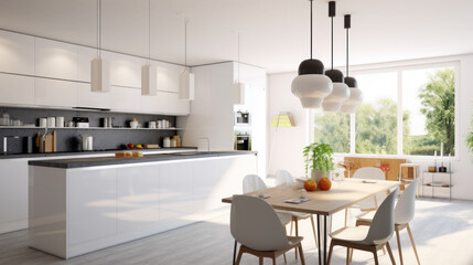White modern kitchen interior with kitchen