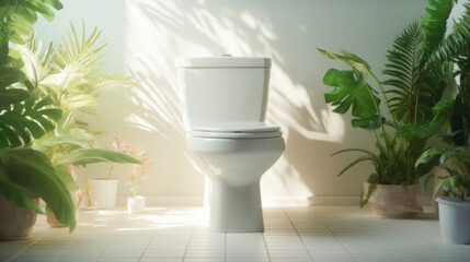 modern white toilet in a restroom with a plant