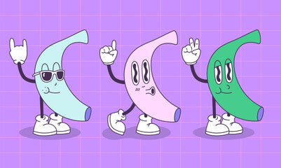 Vector set of images in groove style. Cheerful banana at the disco. Retro illustration in cartoon style with 70s-80s vibes.