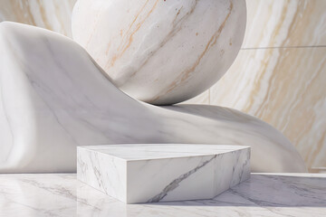 Fototapeta na wymiar Abstract white background concept and marble stone texture.Geometric platform show cosmetic product.3D display podium.Stand Minimal mockup for presentation.Stage showcase. AI generated.