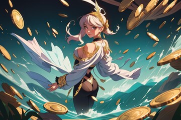 gold coins falling on girl manga anime style illustration generative ai