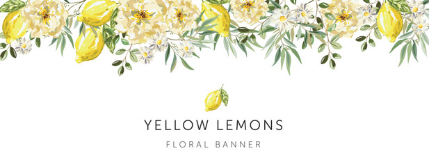 Lemon fruits, yellow roses, green leaves, daisy flowers, white background. Banner template with text. Vector illustration. Floral arrangement. Summer border design 