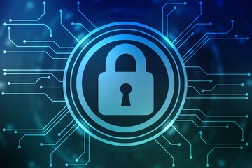 Digital Padlock on abstract technology background, Technology security concept. Modern safety digital background. Protection system, Cyber Security and safety information, personal data concept