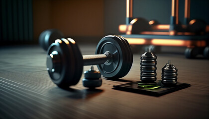 Dumbbell weights on the gym, Dumbbells and weights are placed on a mat at the gym, Generative AI