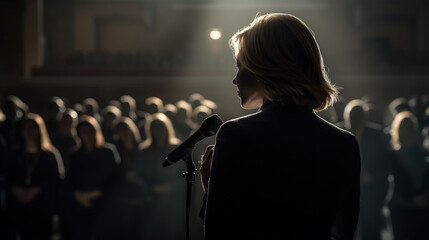 Fototapeta premium Rear view of female conference speaker, Generative AI illustration
