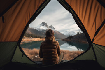 From inside tent view of person looking at mountain landscape, Generative AI illustration