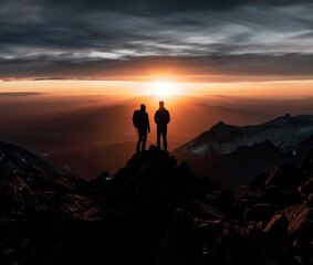 Silhouette of two pleople standing on mountain top at sunset, Generative AI illustration