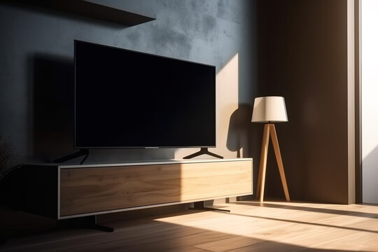 Sunny livingroom with big flat TV screen, Generative AI illustration