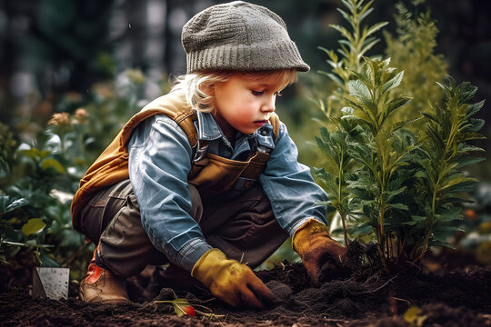 a cute boy planting a beautiful tree in her garden.