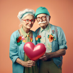 Creative composition. Married happy couple elderly pensioners in retro pastel clothings with heart clothes. Stylish, love, romance, old	
