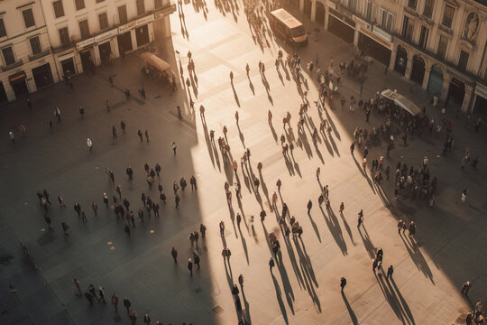 Above View Of Large Group Of People Walking In Square, Generative AI Illustration