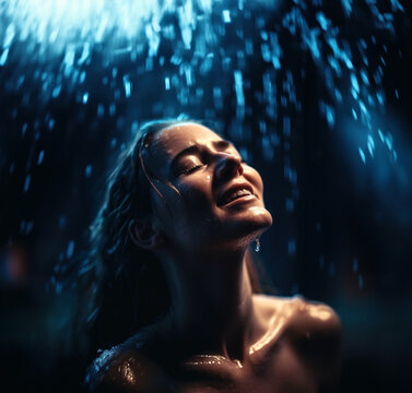 beautiful woman smiling in rain, Generative AI illustration