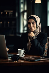 Muslim business woman having a coffee, Generative AI illustration