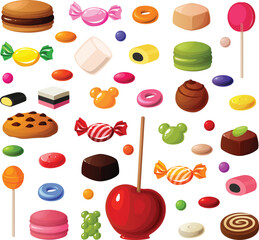 Cute vector illustration of various kinds of mixed candy, gummy, licorice, chocolate and cookies.