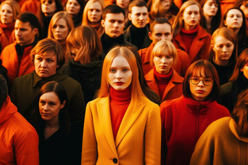 Large group of people in orange tint. Generative Ai illustration