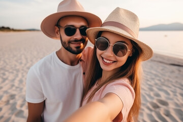 Fototapeta premium Young fashionable couple taking selfie shot at the beach, Generative AI illustration