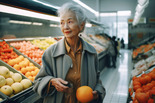 Senior woman doing groceries, Generative AI illustration