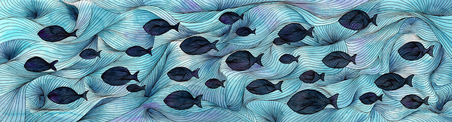 Ilustración de fondo de mar con peces. Acuarela y líneas. Mundo submarino