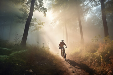 man cycling thro the forest in the morning, Generative AI illustration