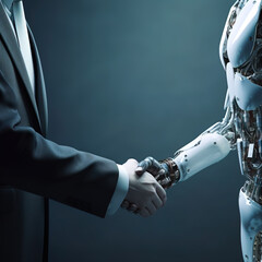 Businessman handshaking an android robot, Generative AI illustration
