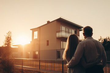 Fototapeta na wymiar Couple in embrace looking at new house, Generative AI illustration