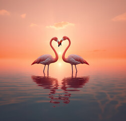 Two pink flamingos forming heart shape with their necks, Generative AI illustration © IBEX.Media