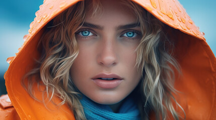 Outdoor portrait of beautiful woman wearing orange rain jacket at twilight, Generative AI illustration - obrazy, fototapety, plakaty