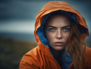 Outdoor portrait of beautiful woman wearing orange rain jacket at twilight, Generative AI illustration