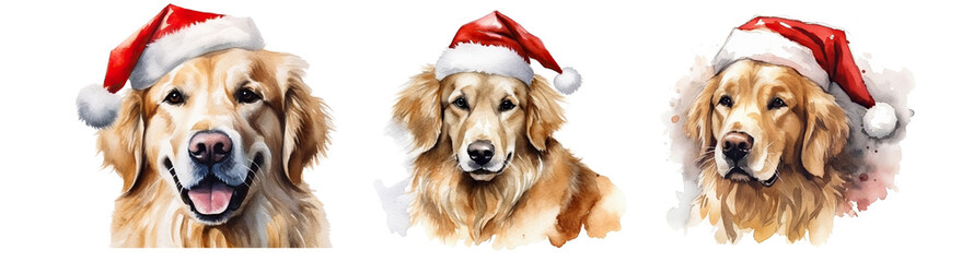 Dog, Joyful Holiday Companion: Cute Golden Retriever Dog in Red Santa Hat - Festive PNG Clip Art with Transparent Background for Art and Logos.