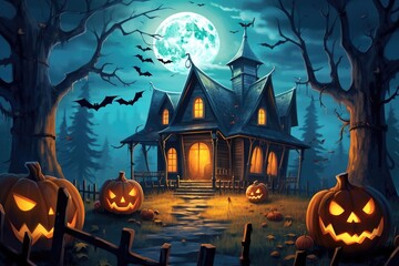 Fototapeta na wymiar Jack-o-lanterns in front of haunted house. Halloween. Illustration. Generative AI