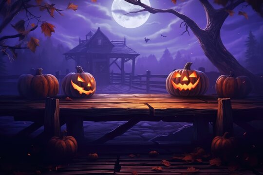 Jack-o'-lantern pumpkin on an old wooden table in a purple landscape with moonlight. Illustration. Generative AI
