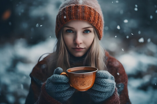 Women drinking hot tea in winter