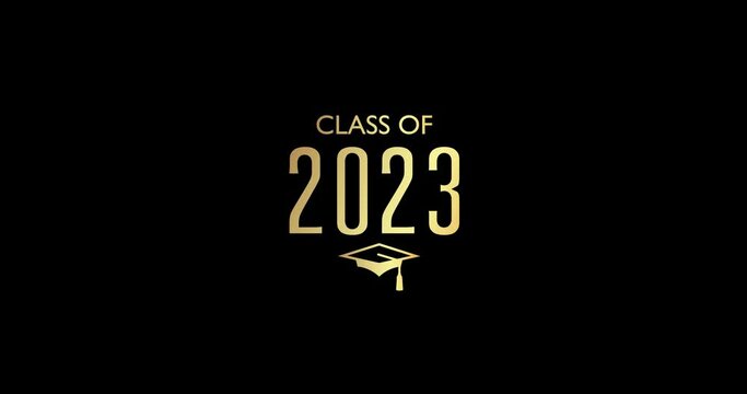 Graduation black and gold Class of 2023 and cap animation. Education concept video. Educational Success with Mortarboard. High school or college graduate, congratulation event, invitation.