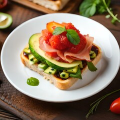 Toast with vegetables and ham on a neutral background created and generated by AI