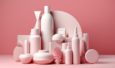 Fototapeta na wymiar product treatment beauty care cosmetic background pastel bottle skincare layout pink. Generative AI.