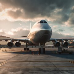 Fototapeta na wymiar Huge passenger airplane parked on the tarmac at an airport. airport runway. Generative AI