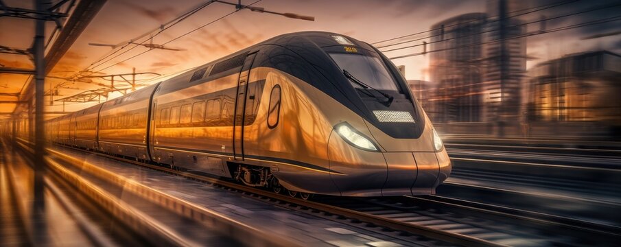 High speed train in motion on the railway station at sunset. Fast moving modern passenger train on railway platform. Railroad with motion blur effect. Generative ai