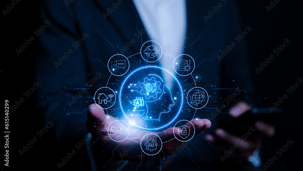 Poster ai or artificial intelligence. machine learning automated, digital transformation technology strateg