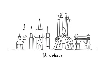 Single one line drawing Barcelona City  skyline, Spain. City concept. Continuous line draw design graphic vector illustration.