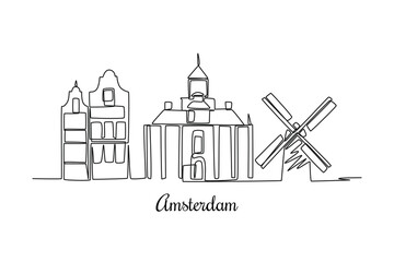 Single one line drawing Amsterdam, Netherlands. City concept. Continuous line draw design graphic vector illustration.