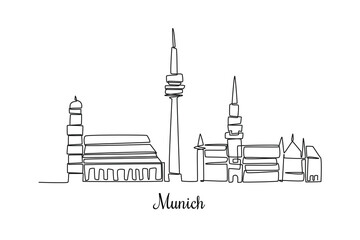 Naklejka premium Single one line drawing Munich city skyline. City concept. Continuous line draw design graphic vector illustration.