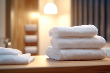 white shower room background table home soft towel wellness bathroom space. Generative AI.